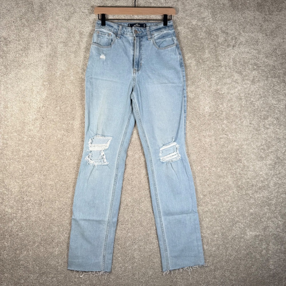 Hollister Womens 1 High Rise Straight Leg Distressed Light Denim Mom Jeans 25x31